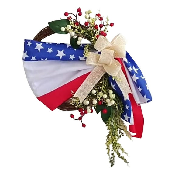 Independence Day Patriotic Wreath, 4th of July Flag Rattan Decor Pride Garland with Red and White Berries, Ribbons, Bows for Front Door 17.7In