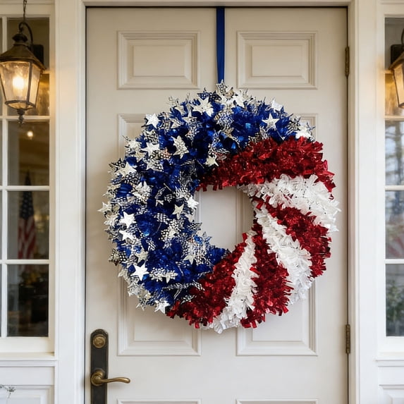 Independence Day Patriotic Wreath, Front Door Red White Blue Holiday Decoration for Memorial Day Celebration, Farmhouse Style Outdoor Home Wall Hanging, Versatile Seasonal Decor for US Holidays