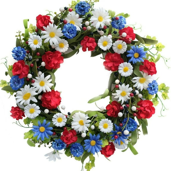 Independence Day Patriotic Wreath,Red White Blue Artificial Floral Twig Wreath Hanging Decoration for Indoor, Outdoor