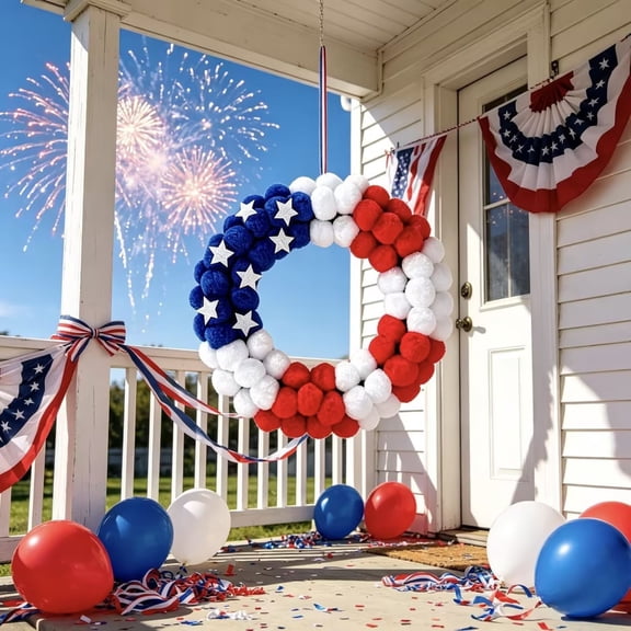 Independence Day Patriotic Wreath, Red White Blue Pom Pom Decor with Stars, 12.99in Polyester Wreath for Front Door and Wall, Festive Home Decor for Fourth of July and Memorial Day
