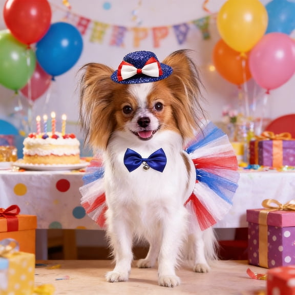 Independence Day Pet Costume Set, Red White Blue Skirt Hat Bow Tie, Adjustable, for Small Medium Dogs Cats, Party and Photo Props