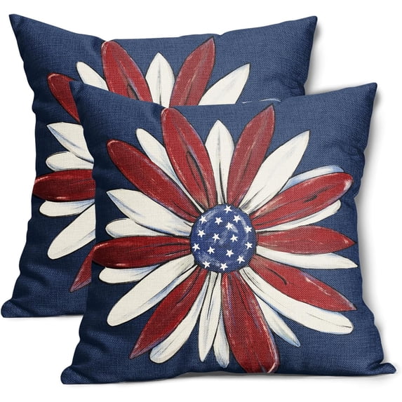 Independence Day Pillow Covers 16x16 Inch 4th of July Patriotic America Stars Blue Daisy Decorative Throw Pillow Case Memorial Day Cushion Cover Set of 2 for Bedroom Sofa Living Room Couch Chair