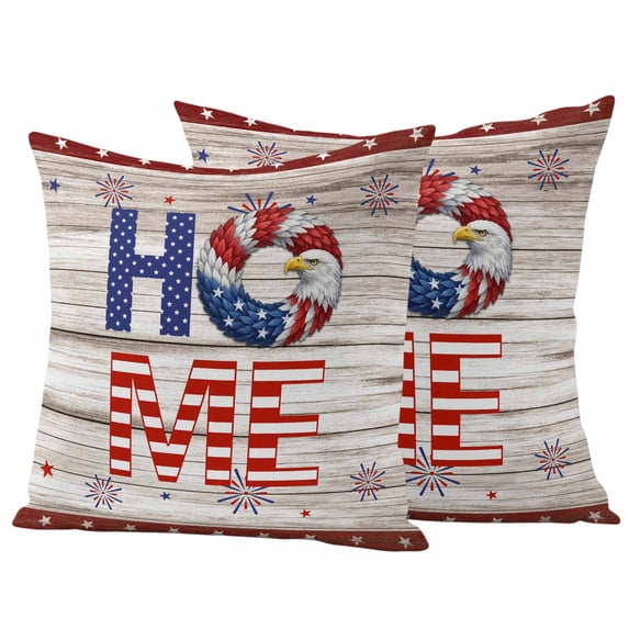 Independence Day Pillow Covers 2 Pack Blue Red HOME Eagle Stars Patriotic Wooden Pillowcase Waterproof Outdoor Throw Pillow Cover for Patio Garden Square Cushion 26”x26”