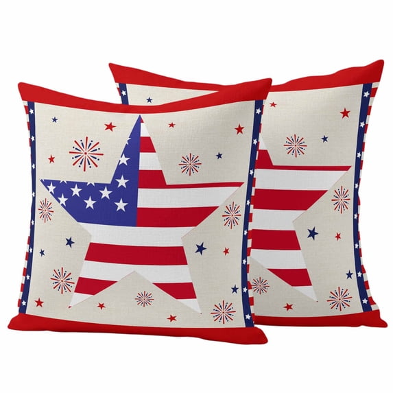 Independence Day Pillow Covers 2 Pack Flag Day Retro Blue Red Star Fireworks Stripes Pillowcase Waterproof Outdoor Throw Pillow Cover for Patio Garden Square Cushion 24”x24”