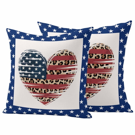 Independence Day Pillow Covers 2 Pack Love Star Leopard Print Flag Day Vintage Pillowcase Waterproof Outdoor Throw Pillow Cover for Patio Garden Square Cushion 20”x20”