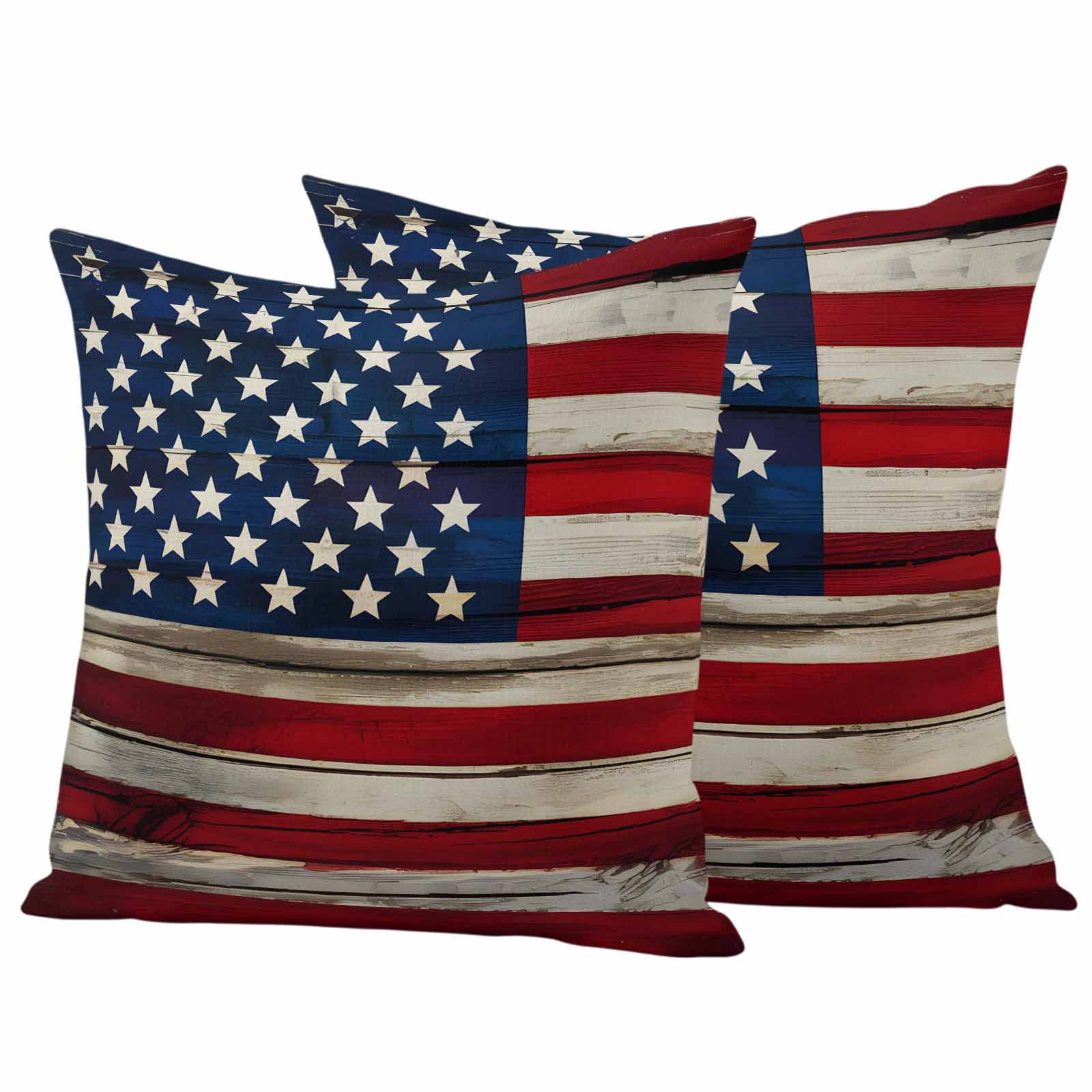 Independence Day Pillow Covers 2 Pack Retro American Flag Blue Star Red White Stripe Wood Pillowcase Waterproof Outdoor Throw Pillow Cover for Patio Garden Square Cushion 18”x18”