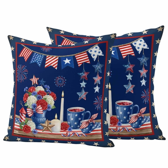 Independence Day Pillow Covers 2 Pack Retro Red Blue USA Flag Floral Star Dark Blue Pillowcase Waterproof Outdoor Throw Pillow Cover for Patio Garden Square Cushion 18”x18”
