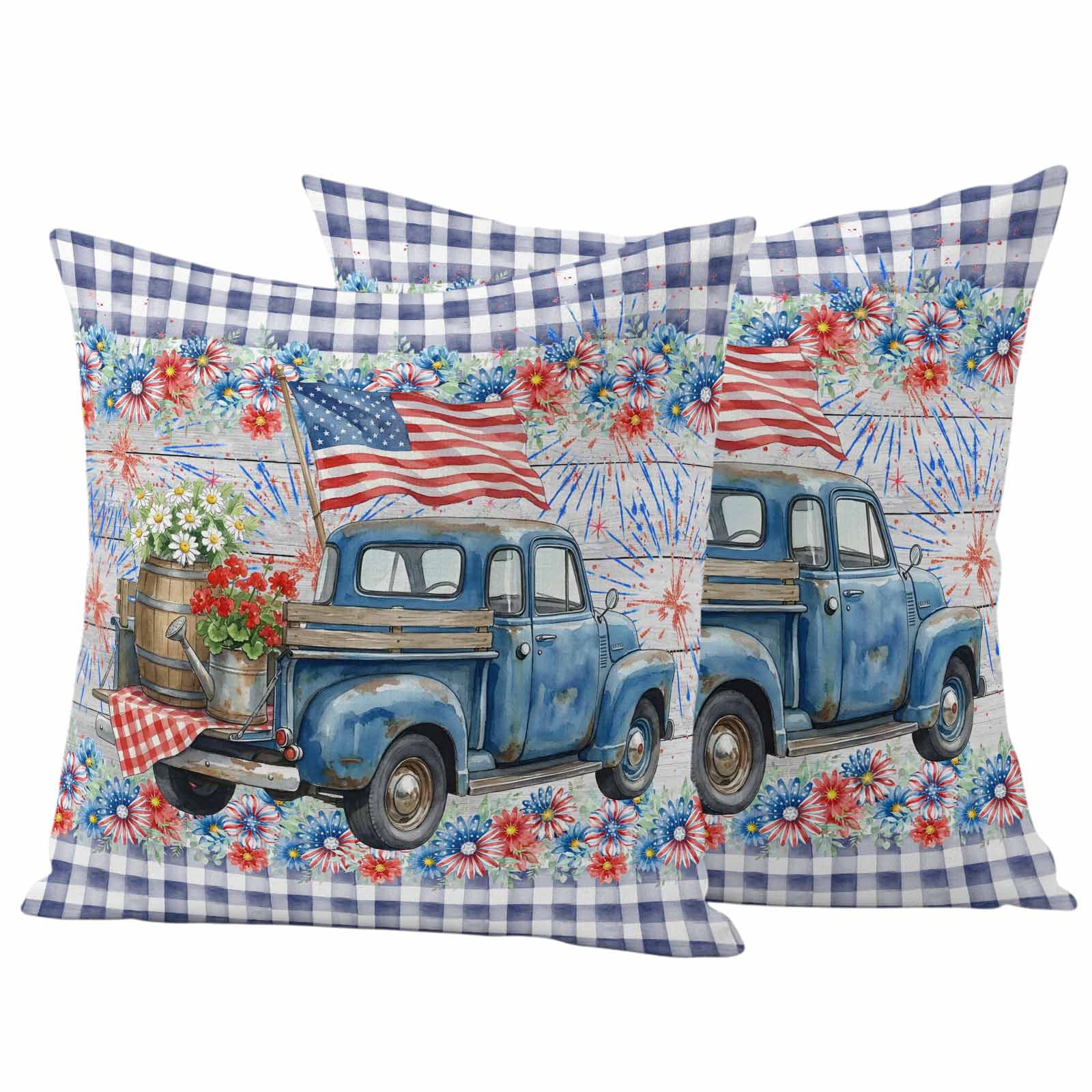 Independence Day Pillow Covers 2 Pack U. S. Flag Retro Truck Flowers Blue Plaid Pillowcase Waterproof Outdoor Throw Pillow Cover for Patio Garden Square Cushion 16”x16”