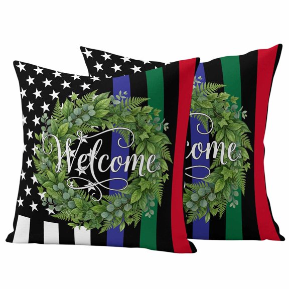 Independence Day Pillow Covers 2 Pack US Flag Day Patriotic Weclome Wreath Red Black Stripes Pillowcase Waterproof Outdoor Throw Pillow Cover for Patio Garden Square Cushion 20”x20”