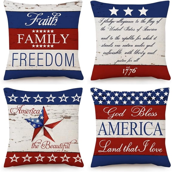 Independence Day Pillow Covers 4th of July, God Bless America Decorative Pillow Case Cushion Cover for Home, 18 x 18, 4 Pack