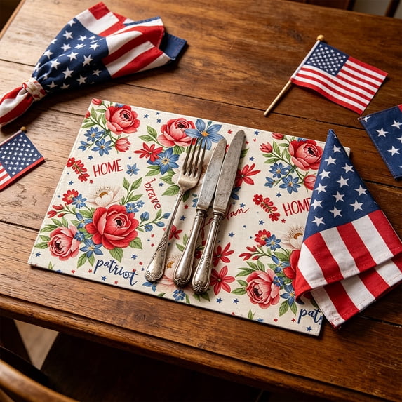 Independence Day Placemat, 100% Polyester Non-Slip Patriotic Table Mat for July 4th BBQ, Stain Resistant Dining Table Protector for Home Parties Weddings, Easy Clean 16.5 Inch