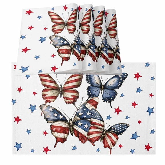 Independence Day Placemats for Dinning Table Set of 4, 4th of July American Flag Butterfly Burlap Kitchen Place Mats Waterproof Cloth Table Mats, Indoor Outdoor Placemats Easy Clean Dinner Decor