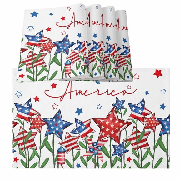 Independence Day Placemats for Dinning Table Set of 4, 4th of July Red Blue Stars Patriotic Burlap Kitchen Place Mats Waterproof Cloth Table Mats, Indoor Outdoor Placemats Easy Clean Dinner Decor