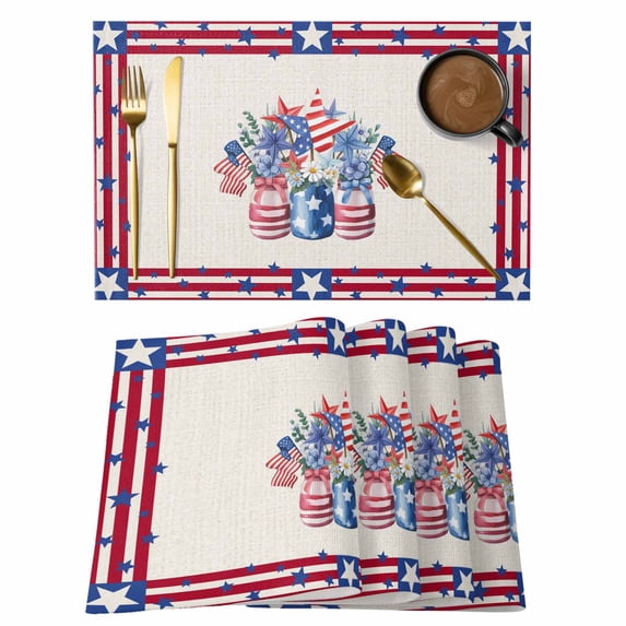 Independence Day Placemats Set of 1, Blue Floral Leaf Bottles Star Red Strips Non-Slip Place Mats Washable Table Mats for Kitchen Dining Table Decorations Indoor/Outdoor