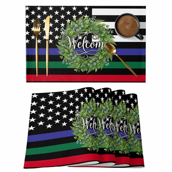 Independence Day Placemats Set of 1, US Flag Day Patriotic Weclome Wreath Red Black Stripes Non-Slip Place Mats Washable Table Mats for Kitchen Dining Table Decorations Indoor/Outdoor