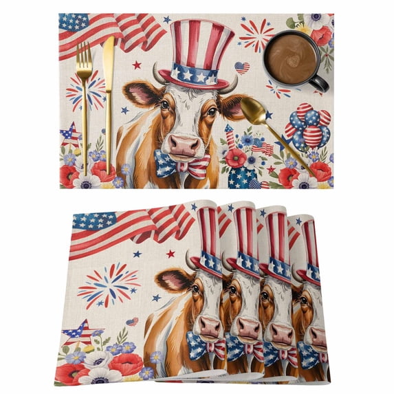 Independence Day Placemats Set of 12, Cow Patriotic Usa Flag Firework Floral Placemats for Dining Table, Place Mats for Kitchen Tabletop, Waterproof Wipeable Dining Table Mats Set
