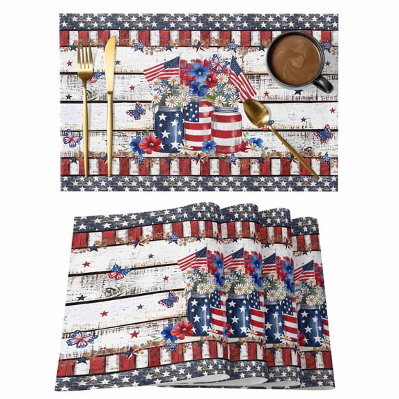 Independence Day Placemats Set of 12, Red Blue Flower American Flag Non-Slip Place Mats Washable Table Mats for Kitchen Dining Table Decorations Indoor/Outdoor