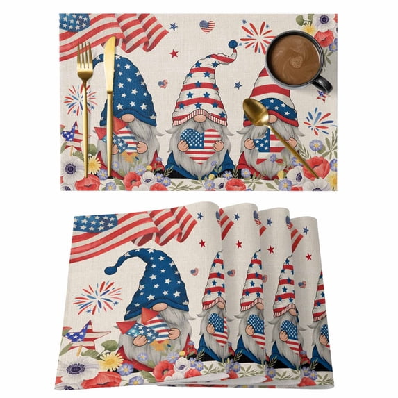 Independence Day Placemats Set of 12, Red Blue Gnomes Flag Flowers Firework Placemats for Dining Table, Place Mats for Kitchen Tabletop, Waterproof Wipeable Dining Table Mats Set
