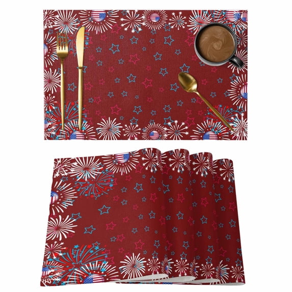 Independence Day Placemats Set of 12 Red Fireworks Blue Stars Sparklers US Flag Place Mats Indoor Wipeable Table Mats Washable Dining Table Placemats for Kitchen Holiday Party Home Decor 13x19 Inch