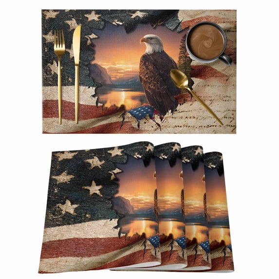 Independence Day Placemats Set of 12 Rustic American Flag Eagle Nature Scenery Place Mats Indoor Wipeable Table Mats Washable Dining Table Placemats for Kitchen Holiday Party Home Decor 13x19 Inch