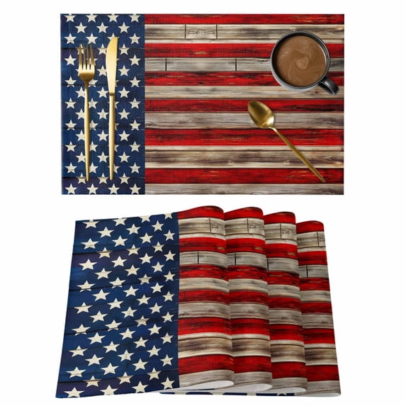 Independence Day Placemats Set of 2, Patriotic U.S. Flag Vintage Wood Grrain Non-Slip Place Mats Washable Table Mats for Kitchen Dining Table Decorations Indoor/Outdoor