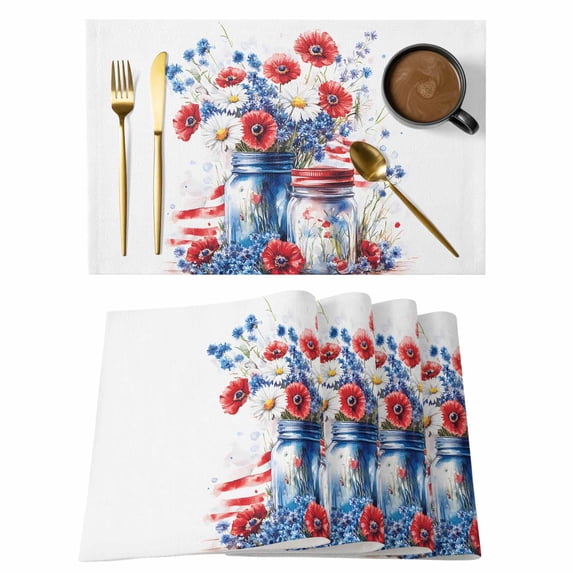 Independence Day Placemats Set of 2, Red Blue Watercolor Flora American Flag Non-Slip Place Mats Washable Table Mats for Kitchen Dining Table Decorations Indoor/Outdoor