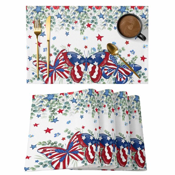 Independence Day Placemats Set of 4 4th of July Eucalyptus Red Blue Butterfly Place Mats Indoor Wipeable Table Mats Washable Dining Table Placemats for Kitchen Holiday Party Home Decor 13x19 Inch