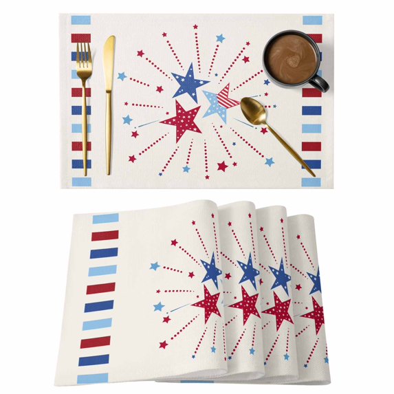 Independence Day Placemats Set of 4, 4th of July Red Blue Striped Stars Beige Placemats for Dining Table, Place Mats for Kitchen Tabletop, Waterproof Wipeable Dining Table Mats Set