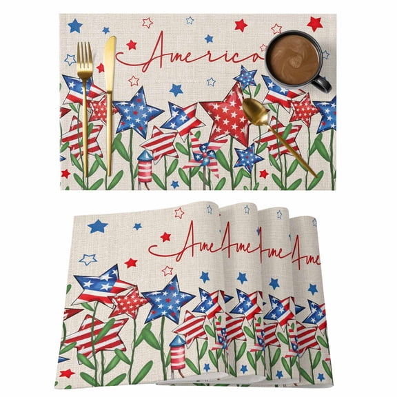 Independence Day Placemats Set of 4 4th of July Striped Stars Patriotic Burlap Place Mats Indoor Wipeable Table Mats Washable Dining Table Placemats for Kitchen Holiday Party Home Decor 13x19 Inch