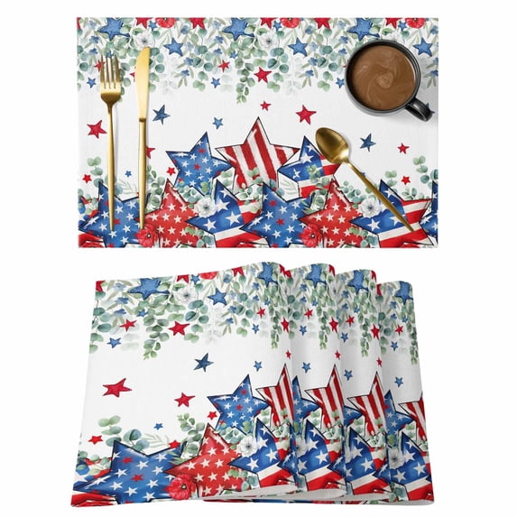 Independence Day Placemats Set of 4 Eucalyptus Leaves Blue Red Pentagram Place Mats Indoor Wipeable Table Mats Washable Cloth Dining Table Placemats for Kitchen Holiday Party Home Decor 13x19 Inch