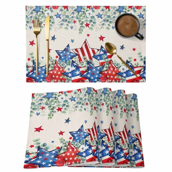 Independence Day Placemats Set of 4, Eucalyptus Leaves Pentagram Retro Beige Placemats for Dining Table, Place Mats for Kitchen Tabletop, Waterproof Wipeable Dining Table Mats Set