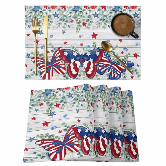 Independence Day Placemats Set of 6 4th of July Eucalyptus Butterfly Wooden Place Mats Indoor Wipeable Table Mats Washable Cloth Dining Table Placemats for Kitchen Holiday Party Home Decor 13x19 Inch
