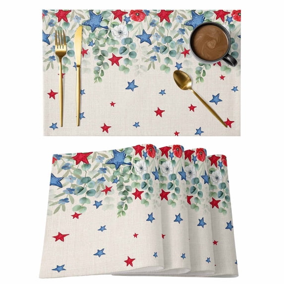 Independence Day Placemats Set of 6, 4th of July Star Eucalyptus Leaf Burlap Placemats for Dining Table, Place Mats for Kitchen Tabletop, Waterproof Wipeable Dining Table Mats Set