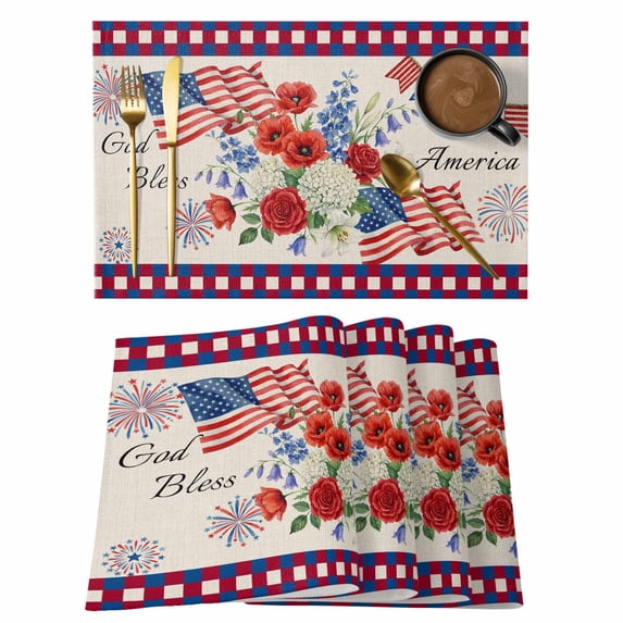 Independence Day Placemats Set of 6, Red Blue USA Flag Floral Fireworks Linen Texture Non-Slip Place Mats Washable Table Mats for Kitchen Dining Table Decorations Indoor/Outdoor