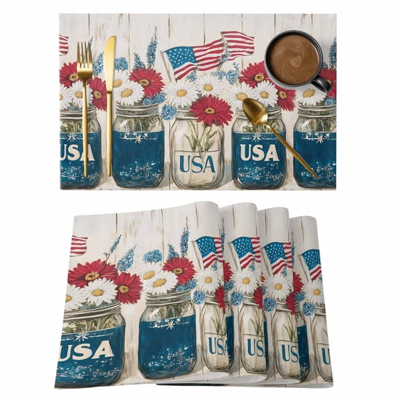 Independence Day Placemats Set of 6, Red White Daisy Bottle Non-Slip Place Mats Washable Table Mats for Kitchen Dining Table Decorations Indoor/Outdoor