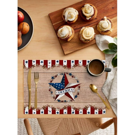 Independence Day Placemats Set of 6, Washable Woven Burlap Cloth Fabric Placemat for Square/Rectangle/Round/Oval Dining Table, Easy Clean Place Mats for Toddlers, Kids American Flag Country Style Star