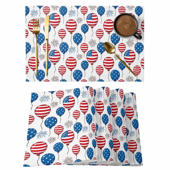 Independence Day Placemats Set of 6, Watercolor U. S, Flag Themed Balloons Cute Firework Non-Slip Place Mats Washable Table Mats for Kitchen Dining Table Decorations Indoor/Outdoor