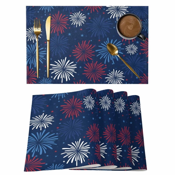 Independence Day Placemats Set of 8 4th of July Red Blue Fireworks Flag Day Place Mats Indoor Wipeable Table Mats Washable Cloth Dining Table Placemats for Kitchen Holiday Party Home Decor 13x19 Inch