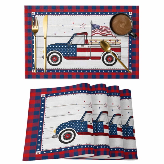 Independence Day Placemats Set of 8, American Flag Truck on Rustic Wooden Grain Non-Slip Place Mats Washable Table Mats for Kitchen Dining Table Decorations Indoor/Outdoor