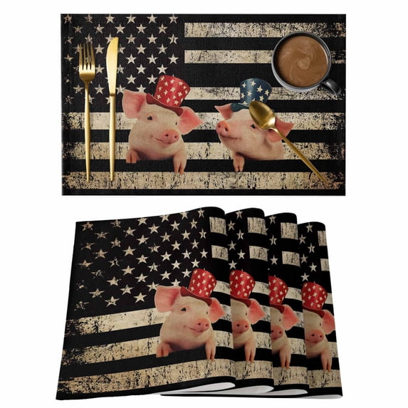 Independence Day Placemats Set of 8, Retro Five-Pointed Star U.S. Flag Farm Funny Pigs Non-Slip Place Mats Washable Table Mats for Kitchen Dining Table Decorations Indoor/Outdoor