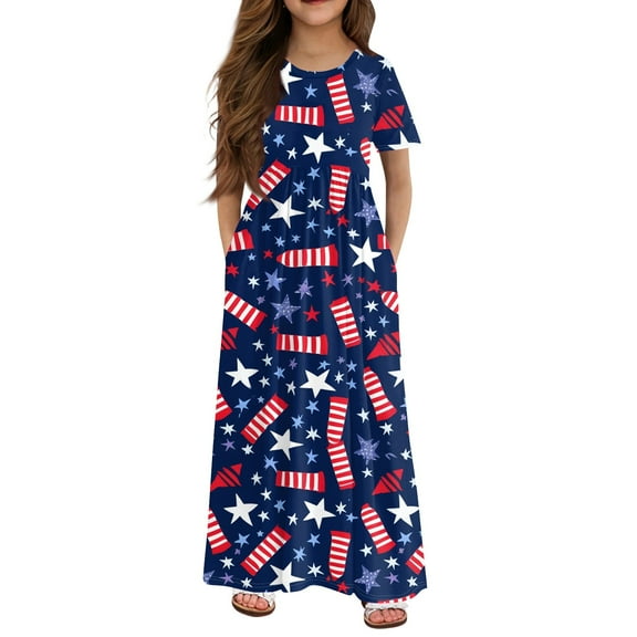 Independence Day Plus Size Dresses for Girls July 4th Crew Neck Stars Printed T Shirt Dress Freedom Short Sleeve Toddler Girl Patchwork Dress 2025 Summer Casual Dress with Pockets
