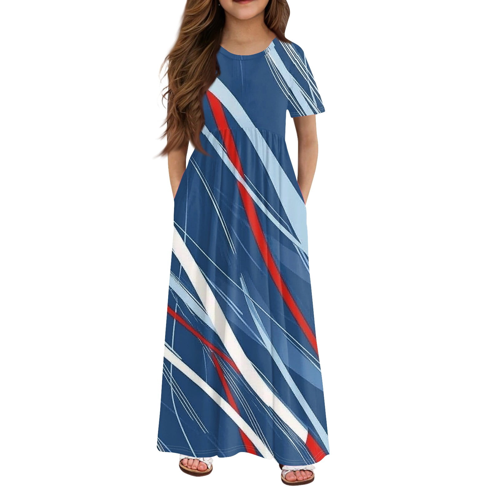Blue And White Striped T Shirt Dress 2026.Independence Day Plus Size Spring Girls' Dresses July 4th Crew Neck Red ...