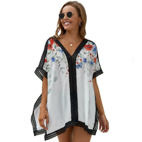 Independence Day Poppies with Eucalyptus Leaves White Women's Swimsuit Coverup Summer Beach Cover Up Bathing Suit Dress