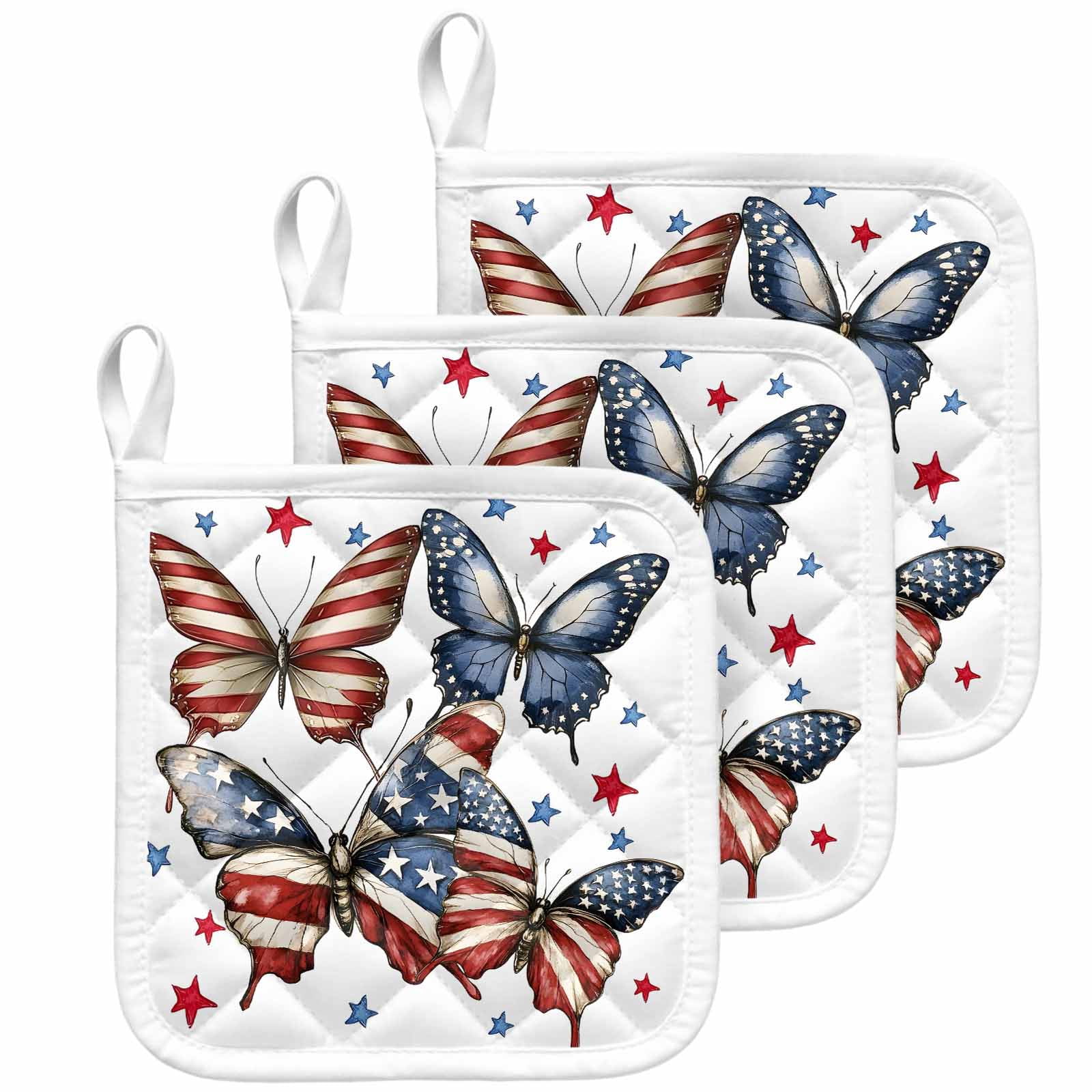 Independence Day Pot Holders for Kitchen Heatproof Potholder, 3 Pack 4th of July American Flag Butterfly Hot Pads Multipurpose Oven Pads Cloth Potholders Trivet for Cooking Baking
