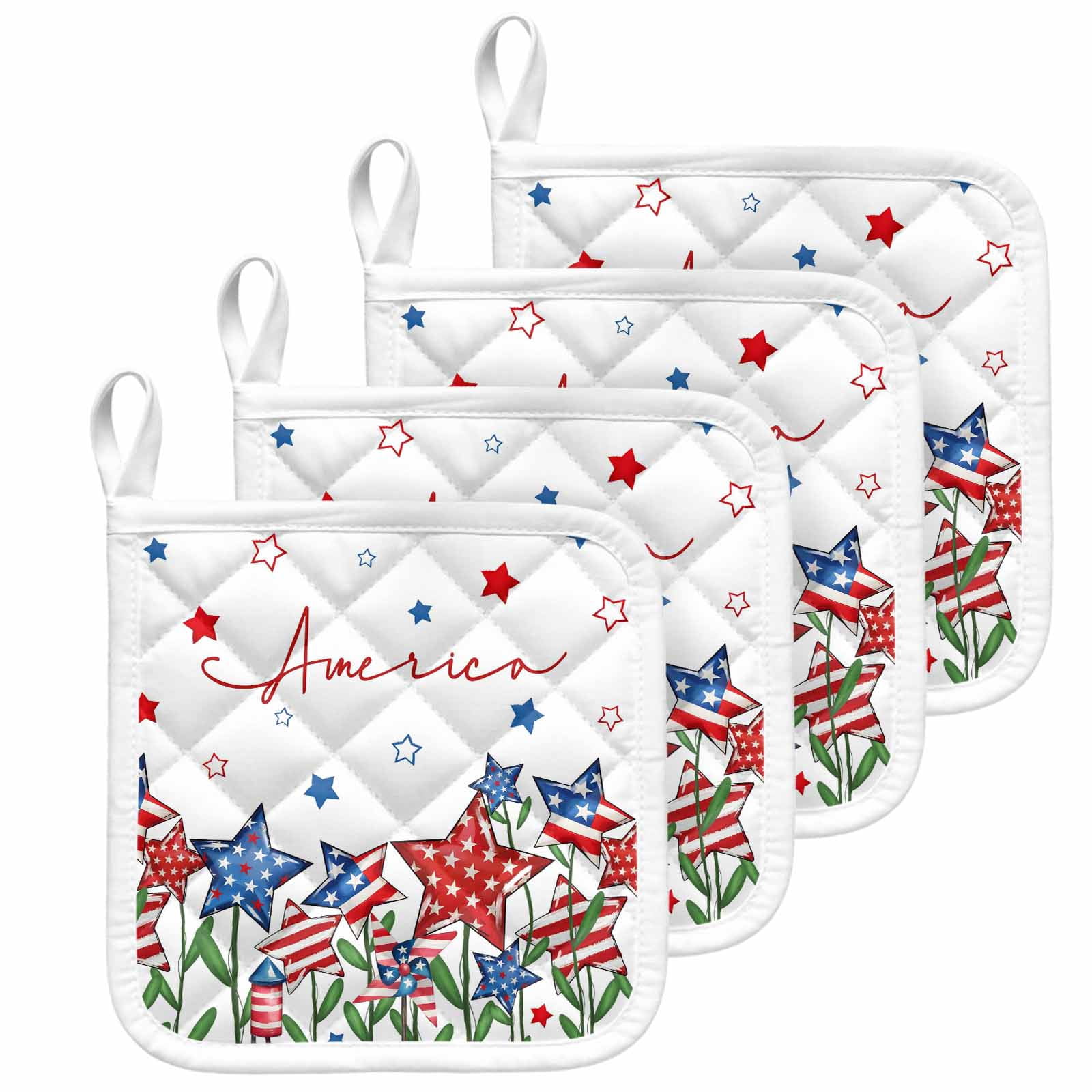 Independence Day Pot Holders for Kitchen Heatproof Potholder, 4 Pack 4th of July Red Blue Stars Patriotic Hot Pads Multipurpose Oven Pads Cloth Potholders Trivet for Cooking and Baking