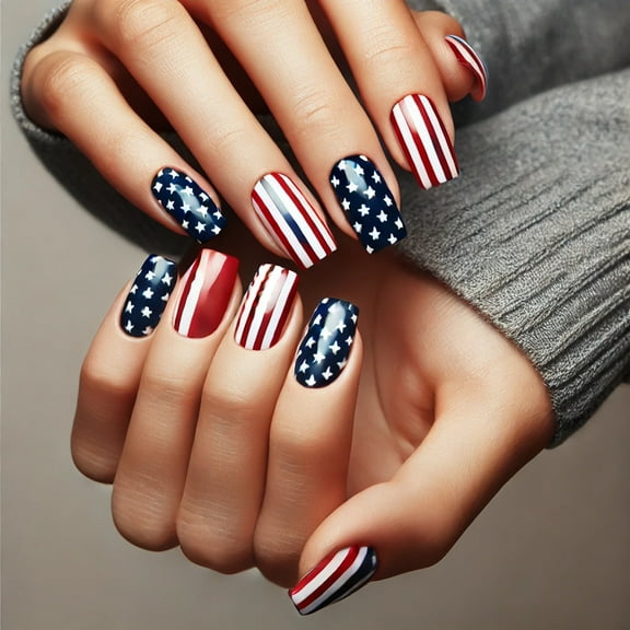 Independence Day Press on Nails Medium Square Fake Nails Patriotic Flag Patter False Nails Full Cover Glossy Stick on Nails Reusable Acrylic Nails for Women 4th of July Manicure Art
