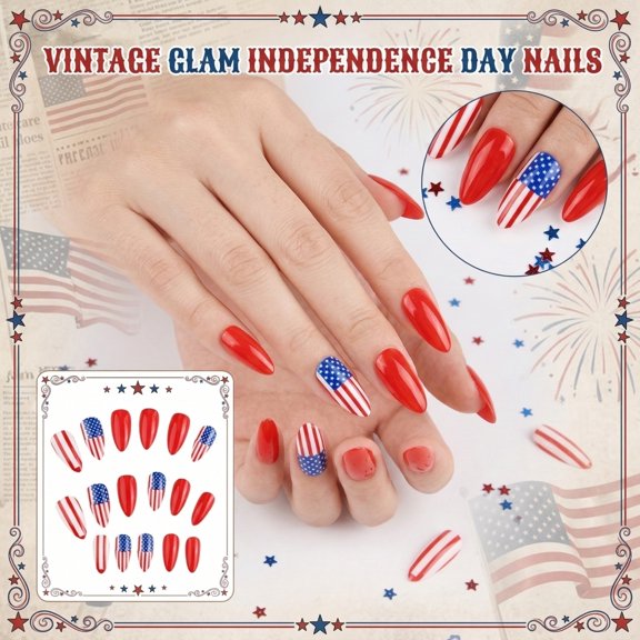 Independence Day Press On Nails Patriotic Nails False Nails Medium Square 24Pcs Glossy Stick on Nails with Stripes Stars Design Easy Apply Reusable Glue on Nails for Holiday Festivities