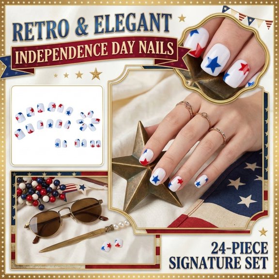 Independence Day Press On Nails Patriotic Nails False Nails Short Length 24Pcs Glossy Striped Star Design Stick on Nails Easy Apply Reusable Glue on Nails for Holiday Celebrations