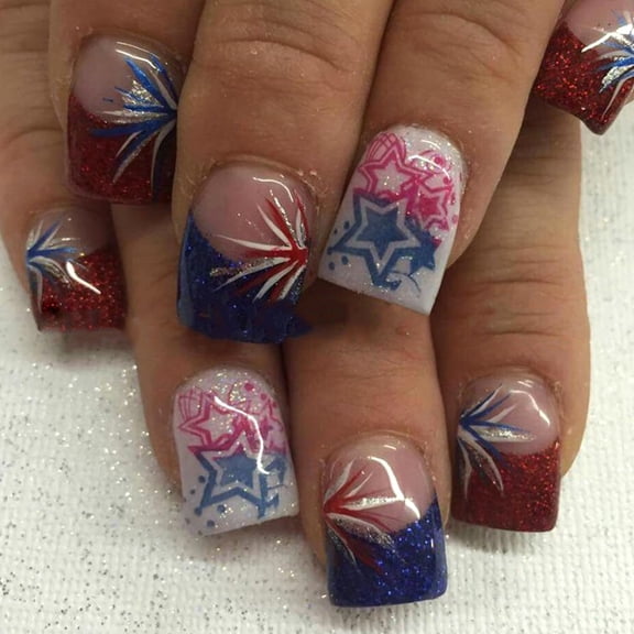 Independence Day Press on Nails Short Square 4th of July False Nails Glossy Patriotic Glue on Nail with Star Stripe Design American Flag Artificial Fake Nail for Women Multicolor Independence Day