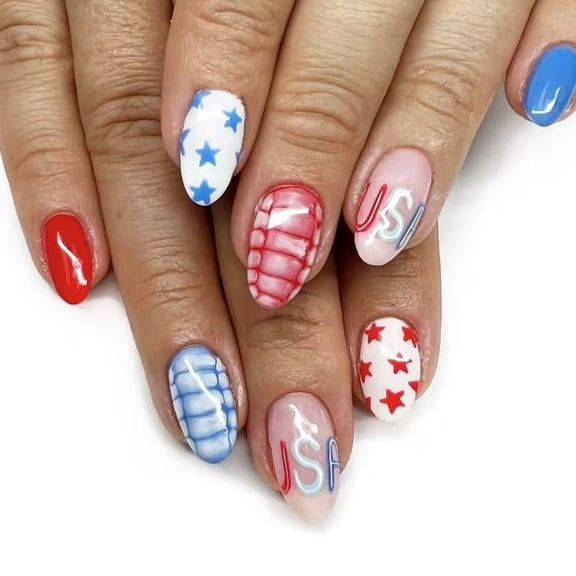 Independence Day Press On Nail French Tips Patriotic Design False Nail Full Cover Acrylic Stick on Nail Set for Women